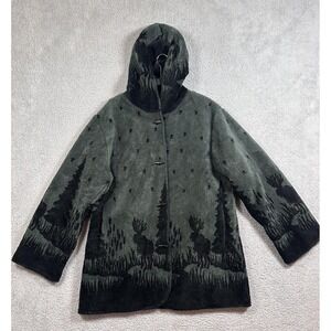 Outbrook Hooded Fleece Jacket Womens Large Green Black Moose Forest Toggle Coat